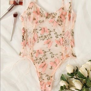 Butterfly Embroidered Mesh Teddy Bodysuit